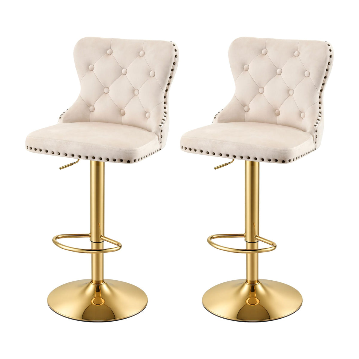 Artiss 2x Bar Stools Counter Chair Kitchen Adjustable Nailhead Trim Velvet Ivory