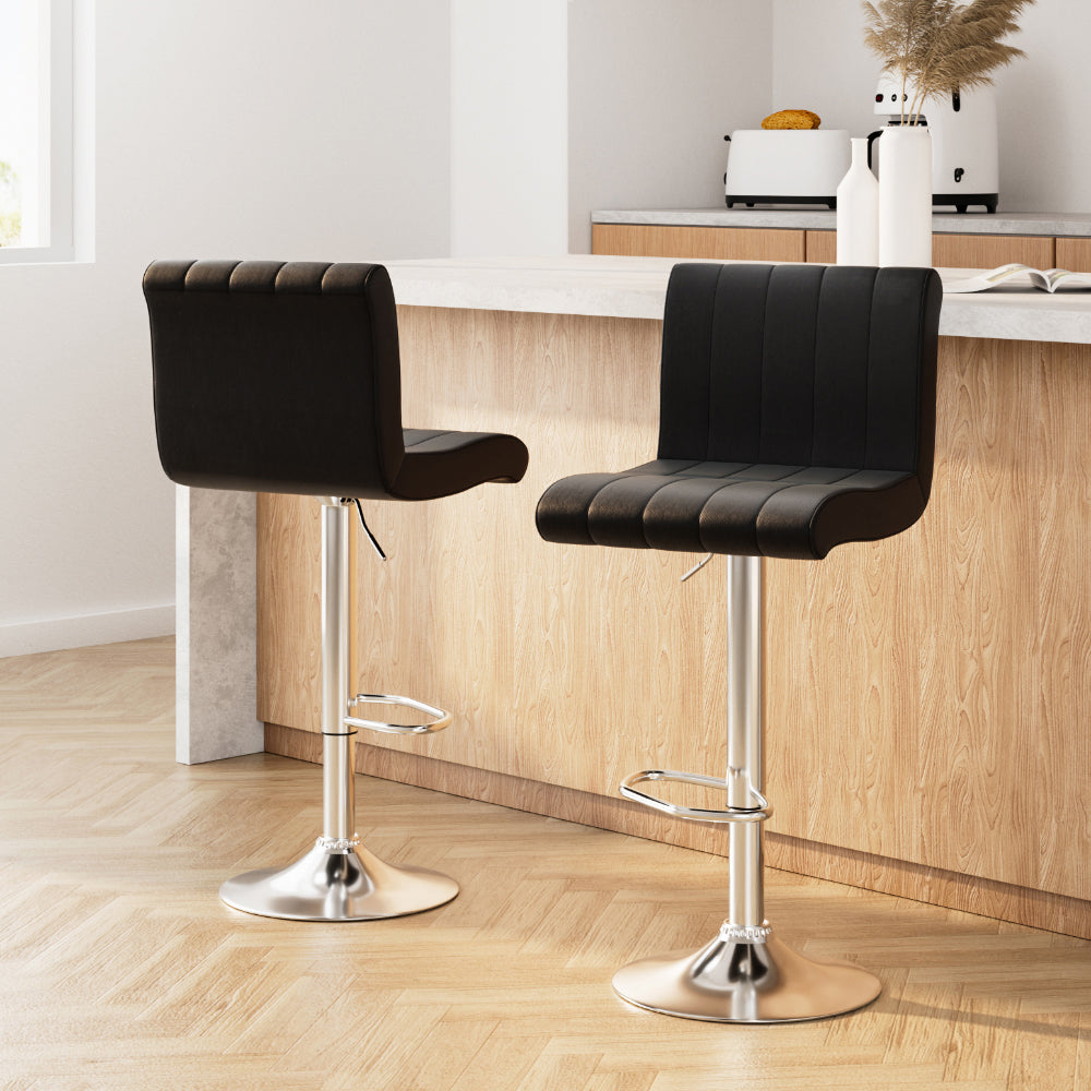 Como Bar Stools Pair Gas Lift Leather Black