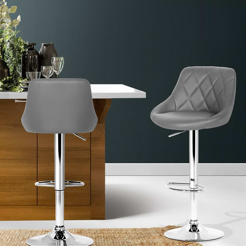 Elan Bar Stools Pair Leather Padded Gas Lift Grey