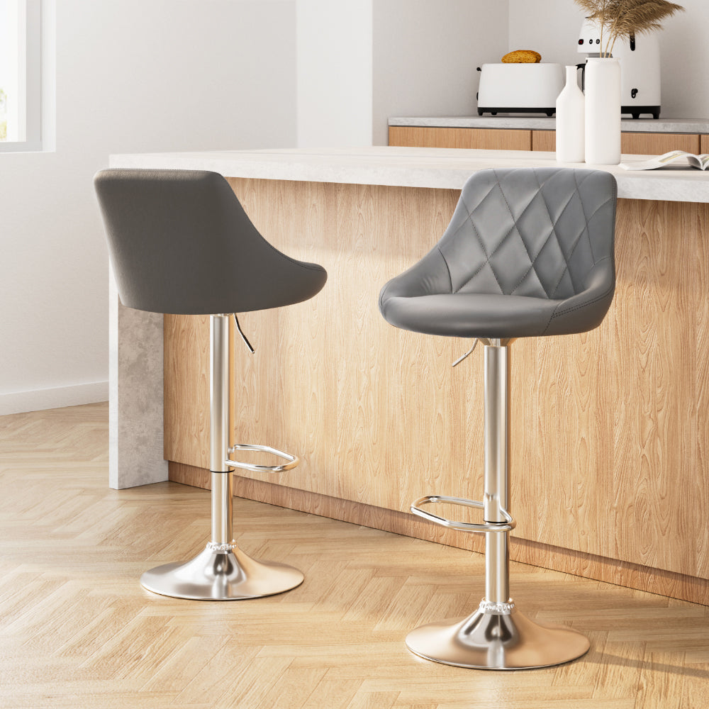 Elan Bar Stools Pair Leather Padded Gas Lift Grey
