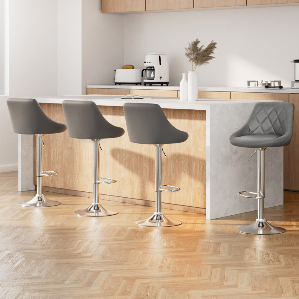 Elan Bar Stools Set of 4 Leather Padded Gas Lift Grey
