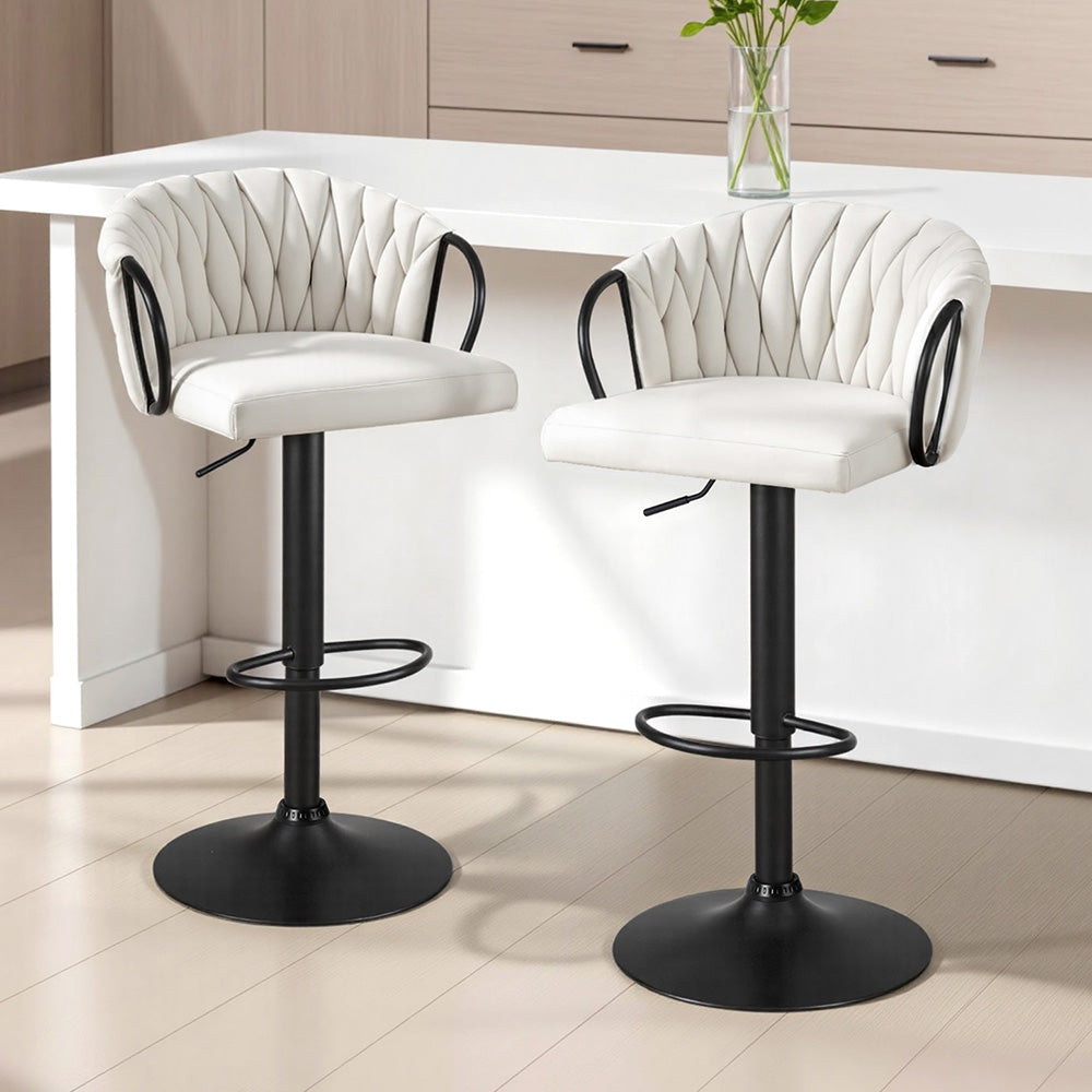 Artiss Bar Stool x2 Kitchen Dining Chair Counter Gaslift Woven Velvet Ivory
