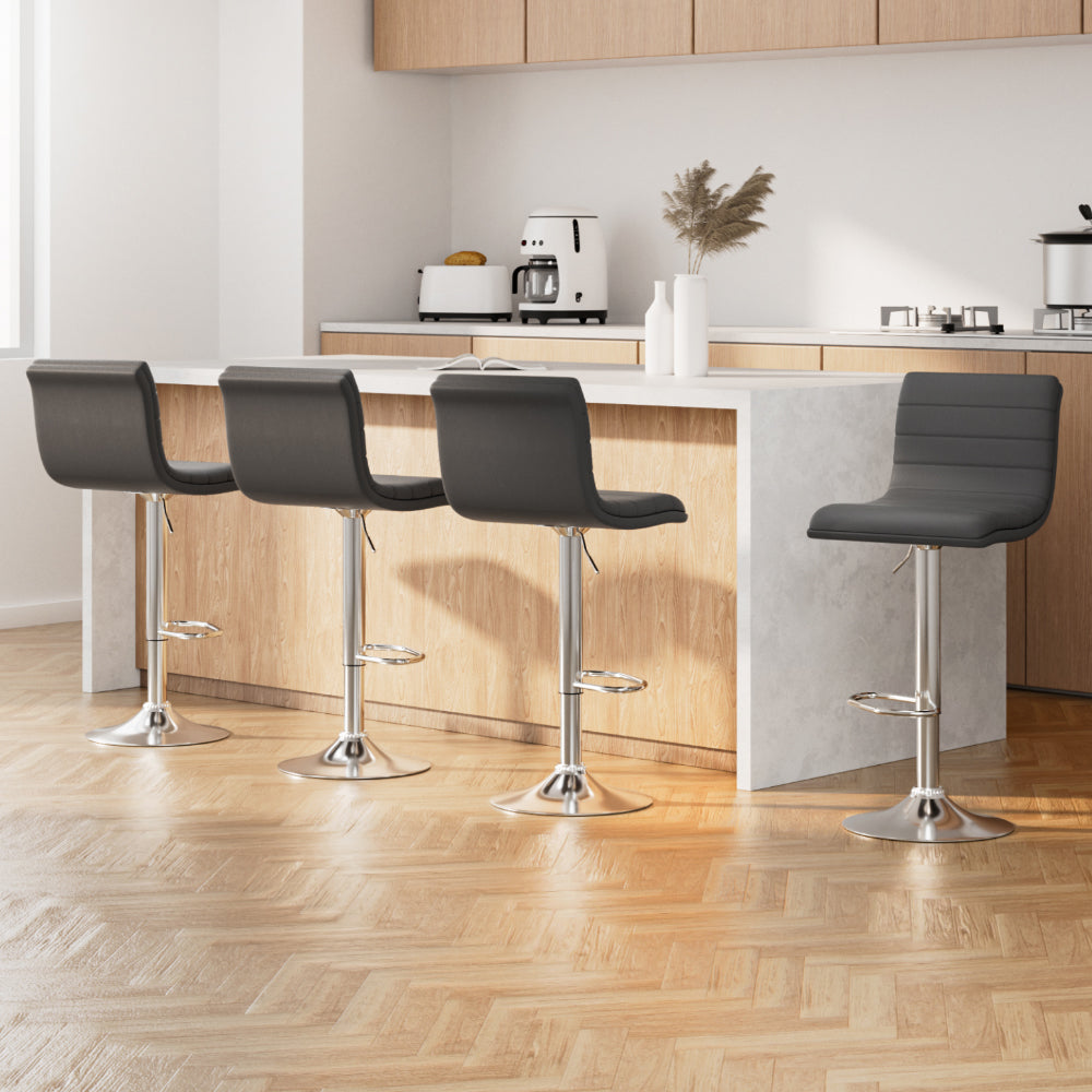 Set of 4 Grey PU Leather Bar Stools Chrome Finish