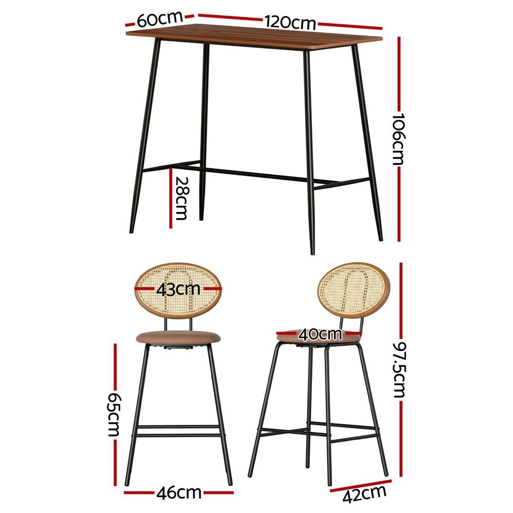 Artiss Oak Black Industrial Bar Table Set with Brown Stools