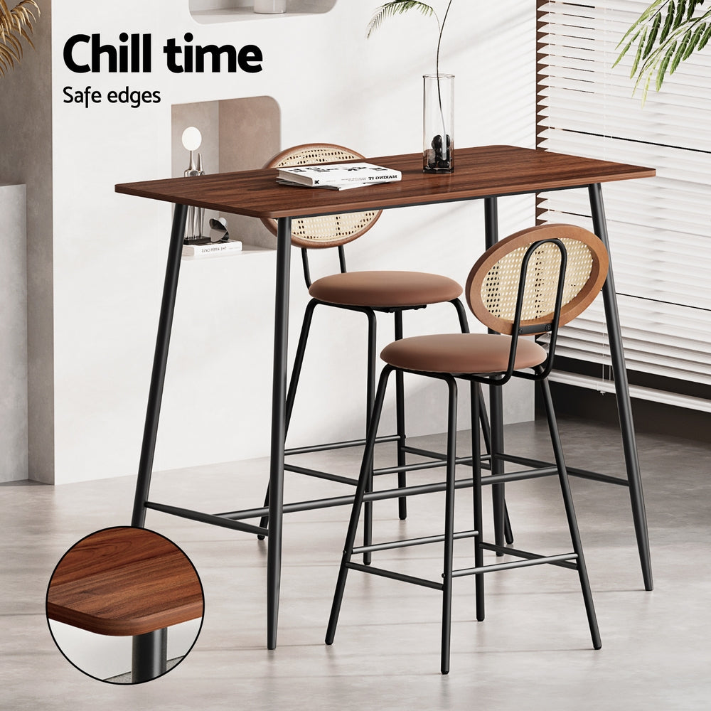 Artiss Oak Black Industrial Bar Table Set with Brown Stools