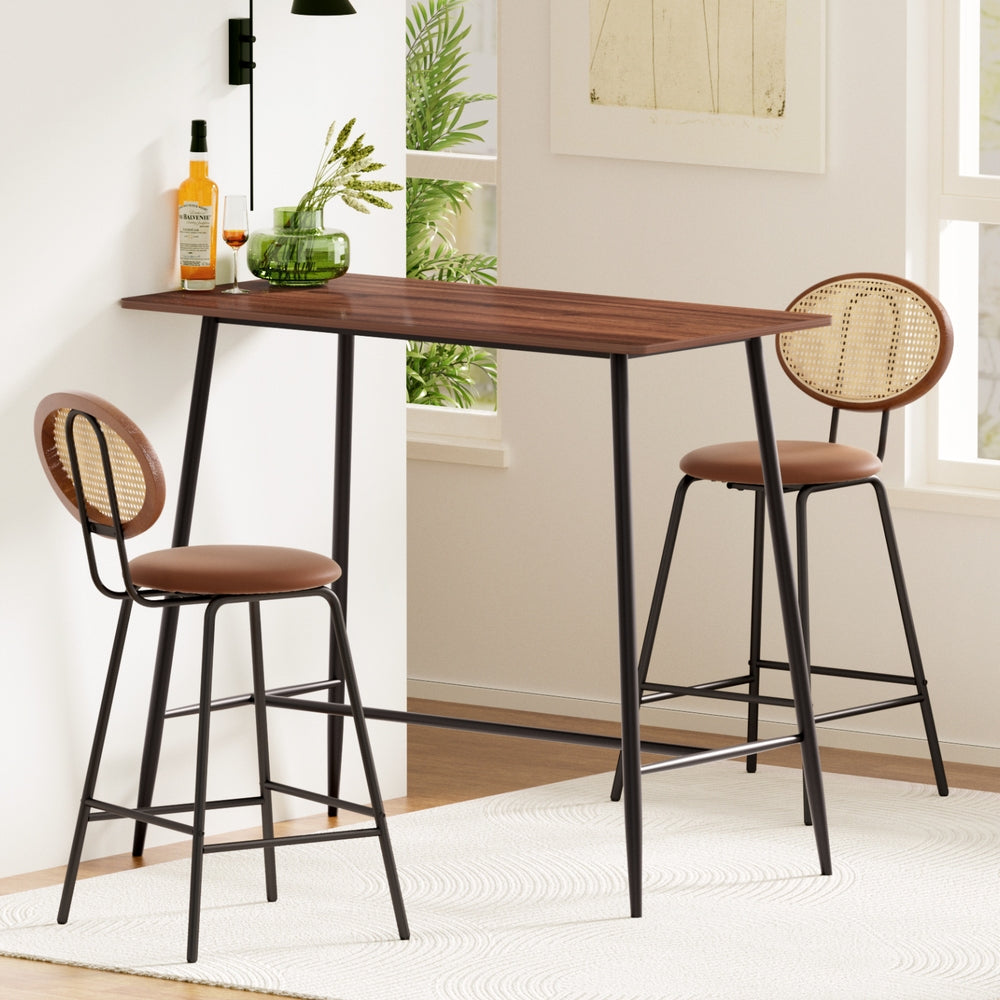 Artiss Oak Black Industrial Bar Table Set with Brown Stools