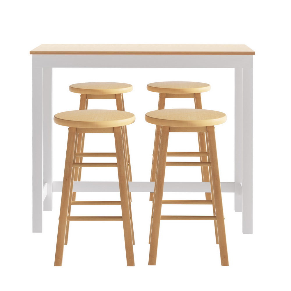 Artiss Pine White Bar Table and Natural Stools Set Dining Cafe Pub