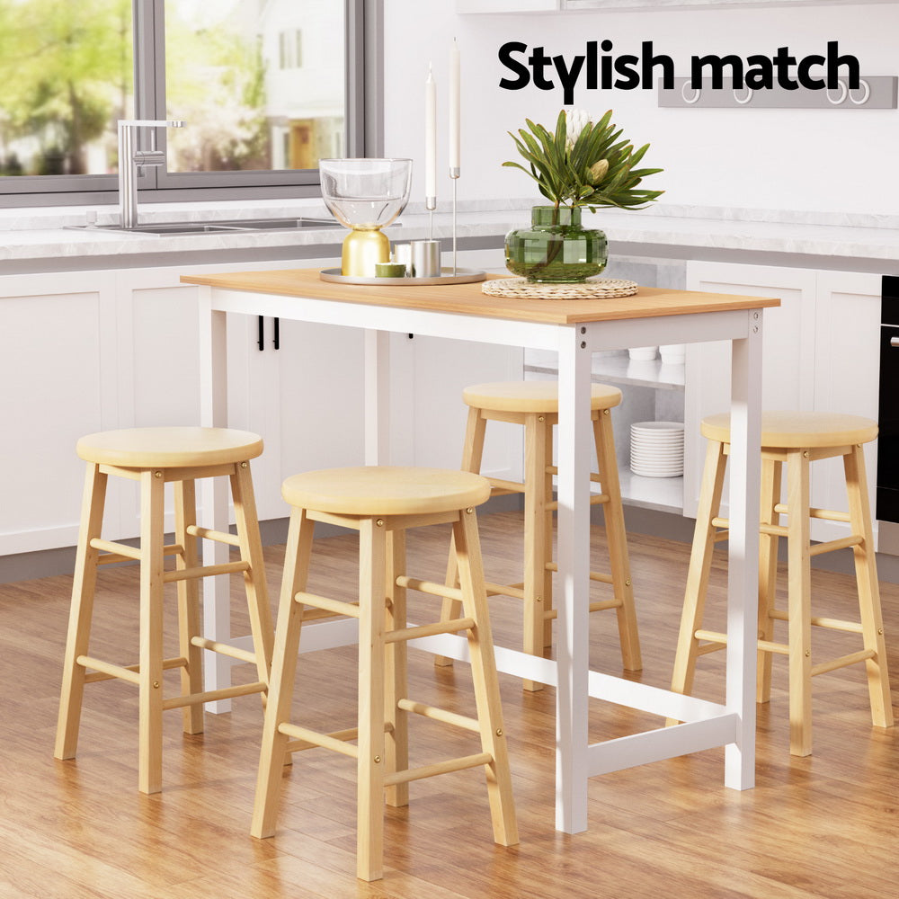 Artiss Pine White Bar Table and Natural Stools Set Dining Cafe Pub