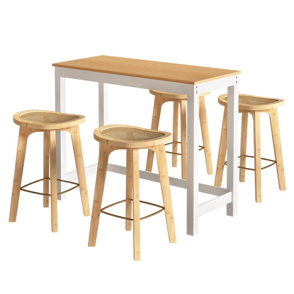 Artiss Pine White Bar Table and Stools Set Rattan Seat Bamboo Frame