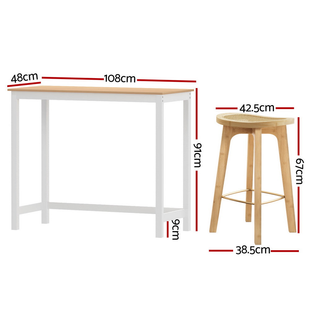 Artiss Pine White Bar Table and Stools Set Rattan Seat Bamboo Frame