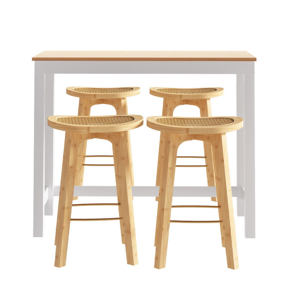 Artiss Pine White Bar Table and Stools Set Rattan Seat Bamboo Frame
