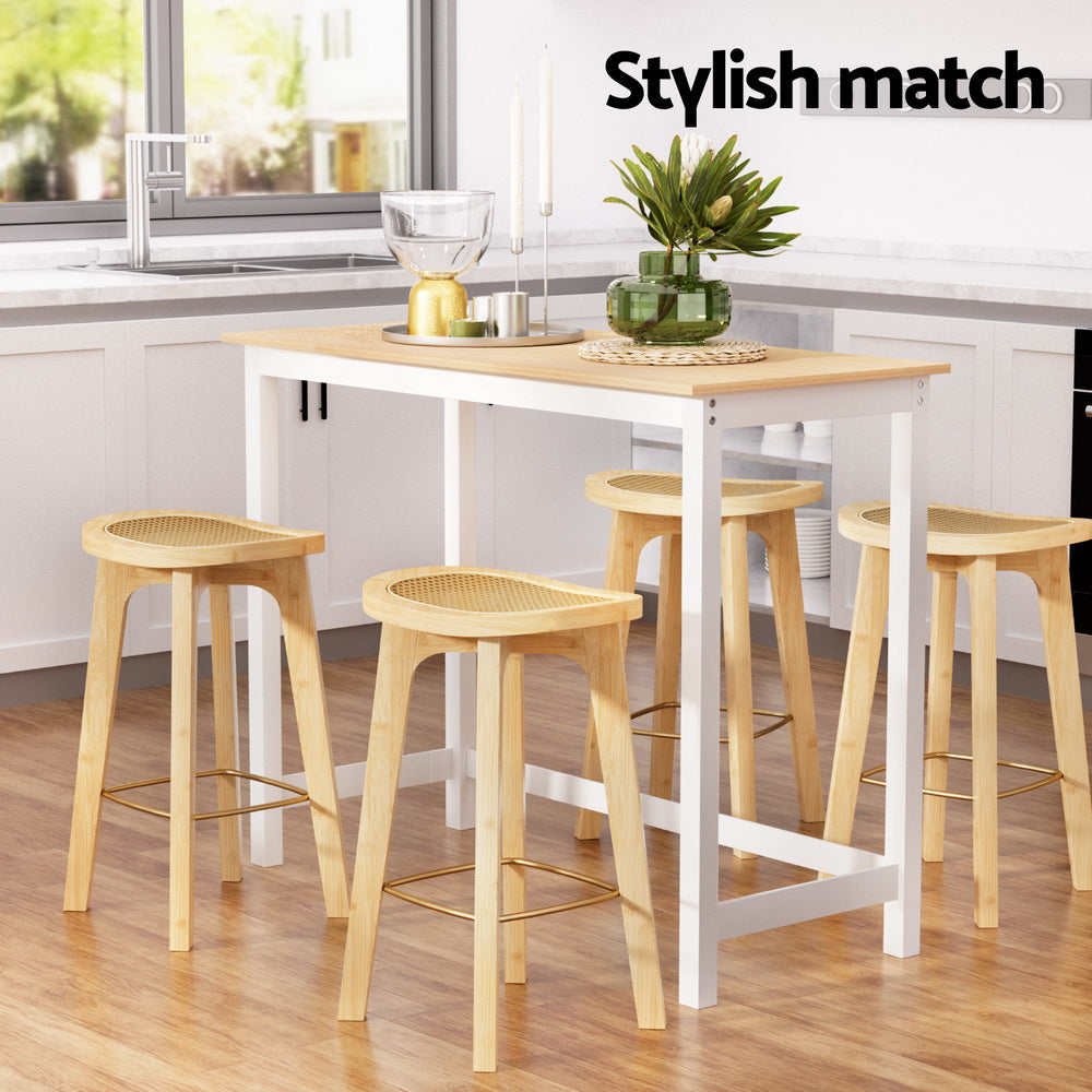 Artiss Pine White Bar Table and Stools Set Rattan Seat Bamboo Frame