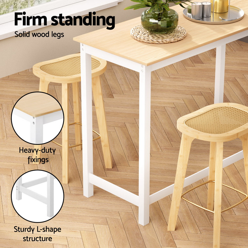 Artiss Pine White Bar Table and Stools Set Rattan Seat Bamboo Frame