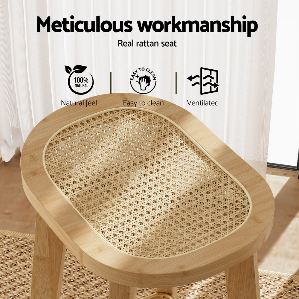 Artiss Pine White Bar Table and Stools Set Rattan Seat Bamboo Frame