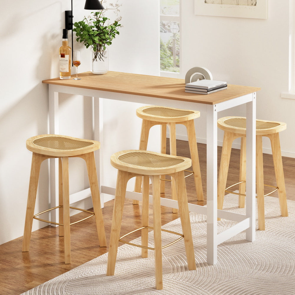 Artiss Pine White Bar Table and Stools Set Rattan Seat Bamboo Frame