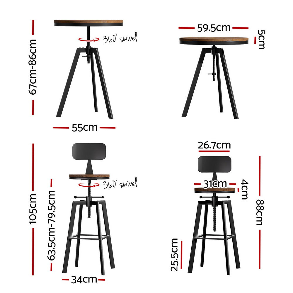 Industrial Bar Table and Stools Set Elm Wood Swivel Adjustable Black