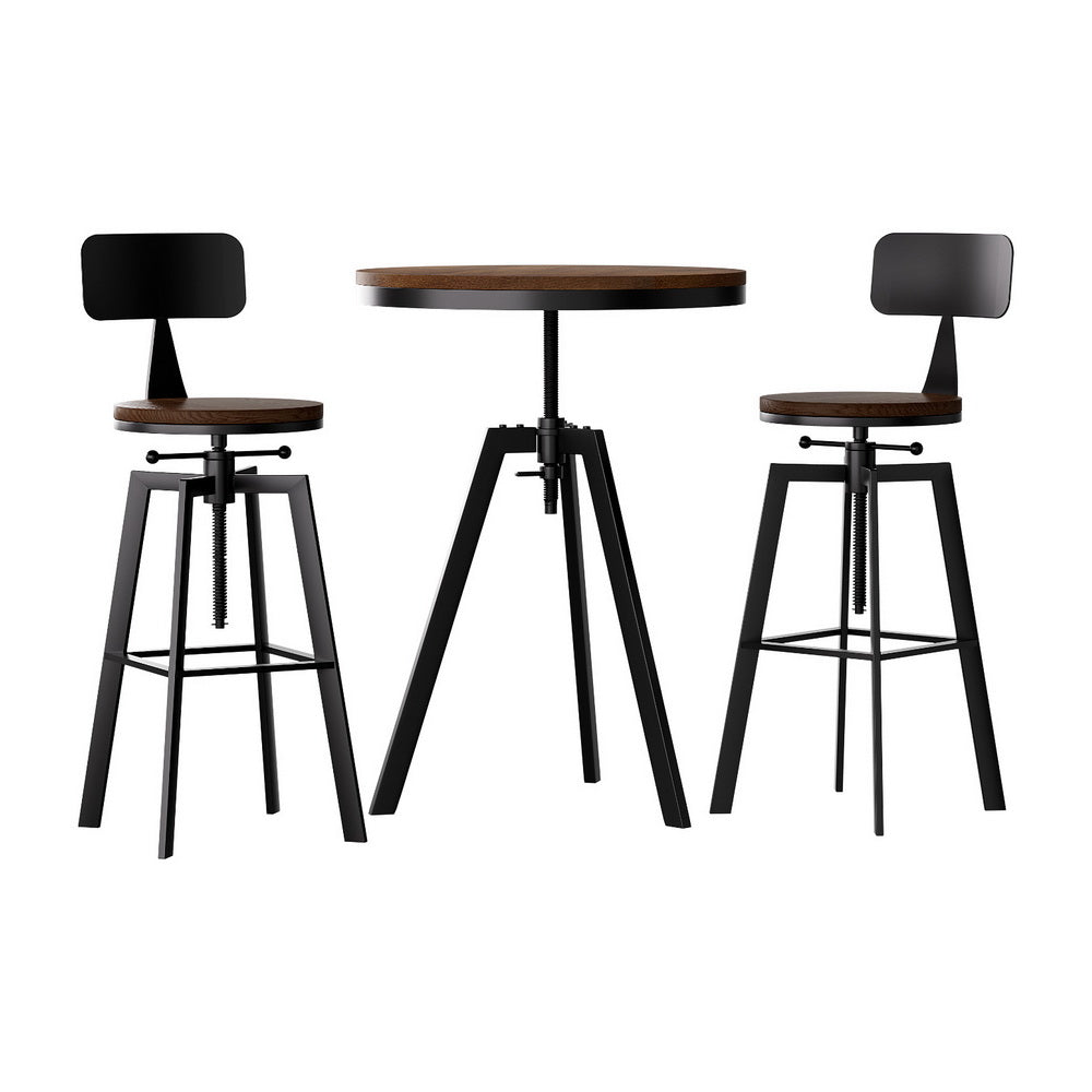 Industrial Bar Table and Stools Set Elm Wood Swivel Adjustable Black