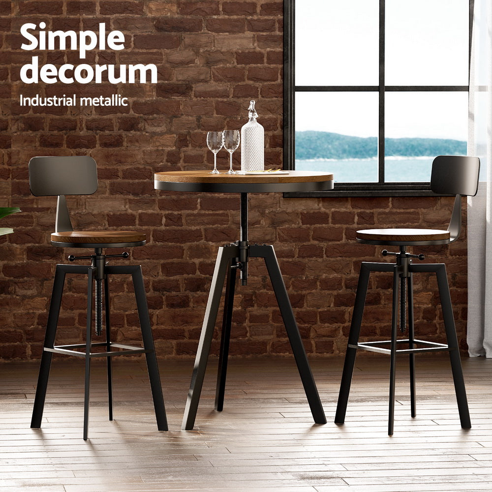 Industrial Bar Table and Stools Set Elm Wood Swivel Adjustable Black