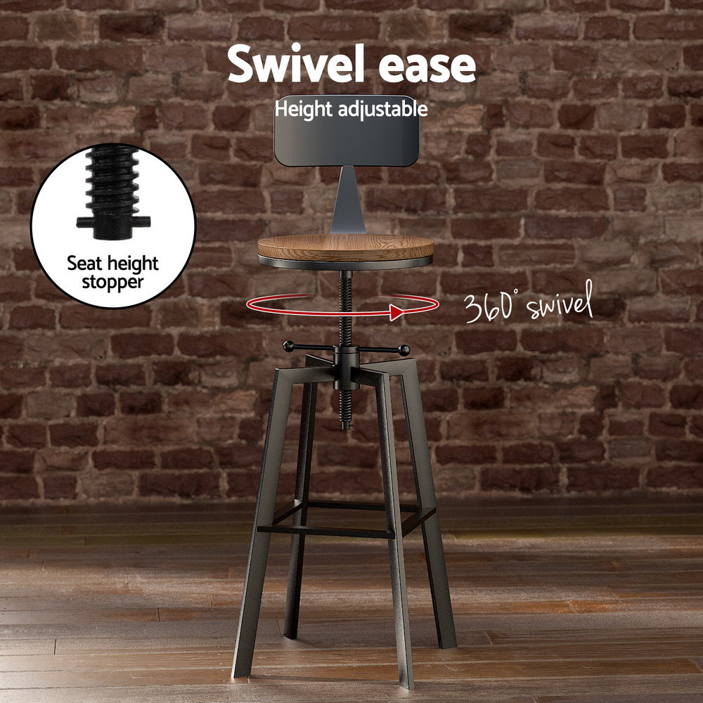 Industrial Bar Table and Stools Set Elm Wood Swivel Adjustable Black