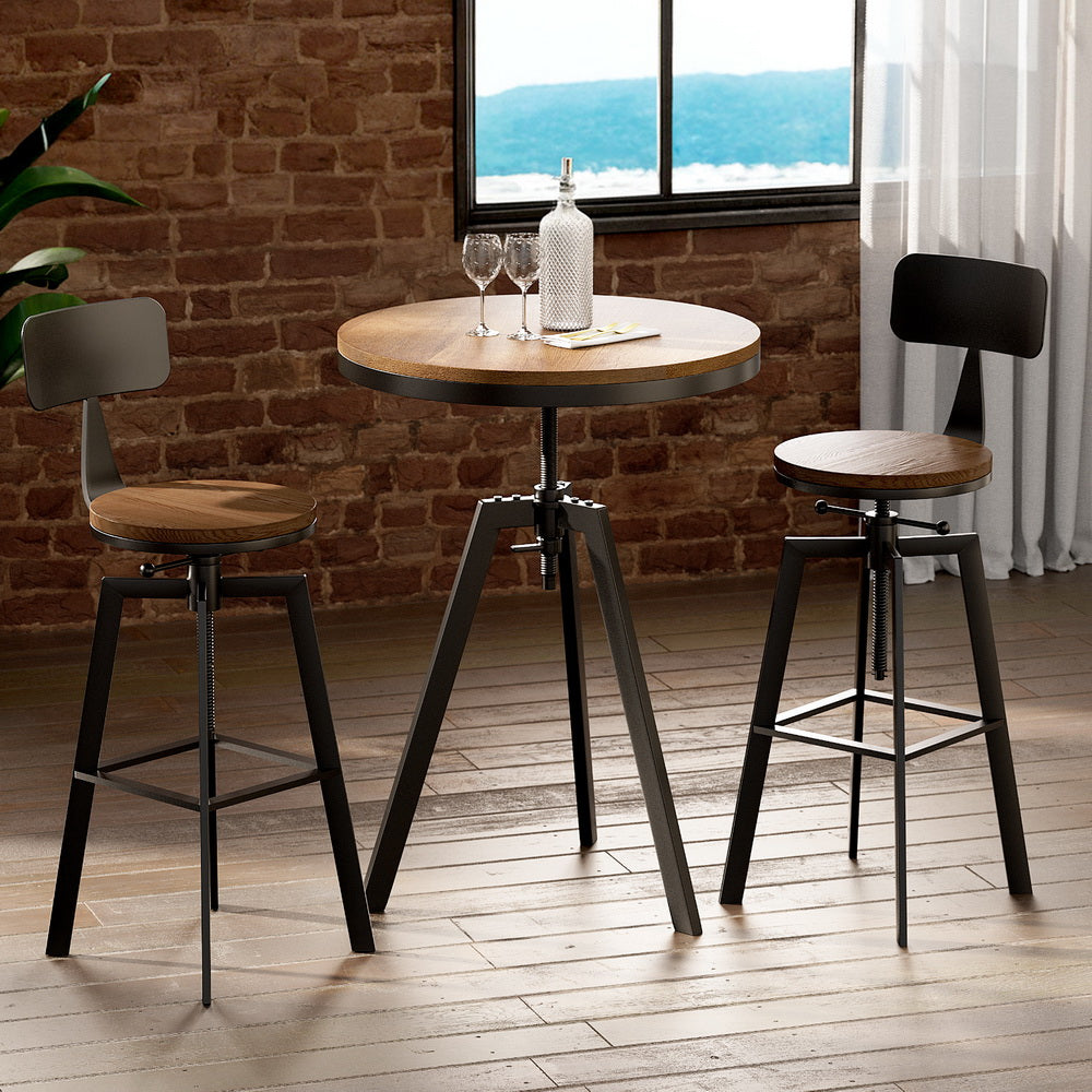 Industrial Bar Table and Stools Set Elm Wood Swivel Adjustable Black
