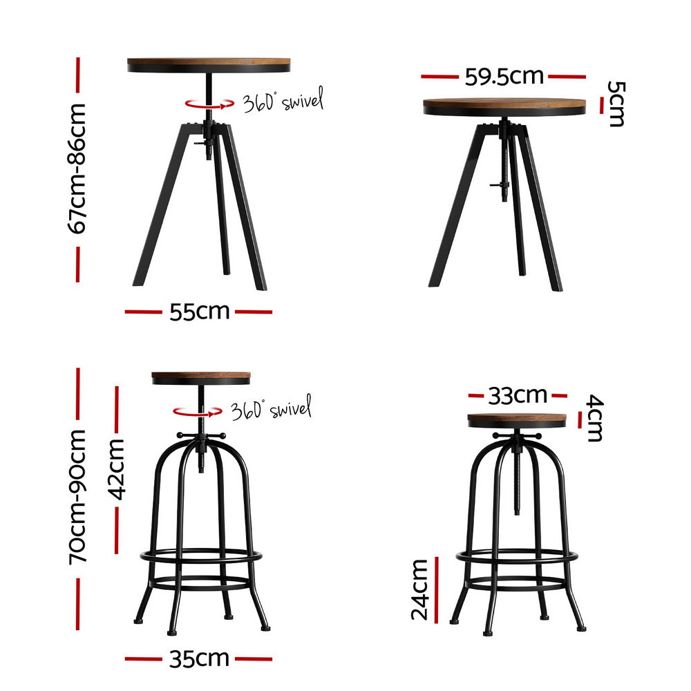 Industrial Bar Table and Stools Set Adjustable Swivel Elm Wood Black