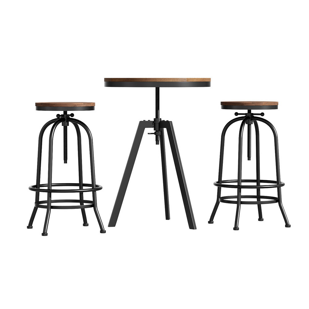 Industrial Bar Table and Stools Set Adjustable Swivel Elm Wood Black