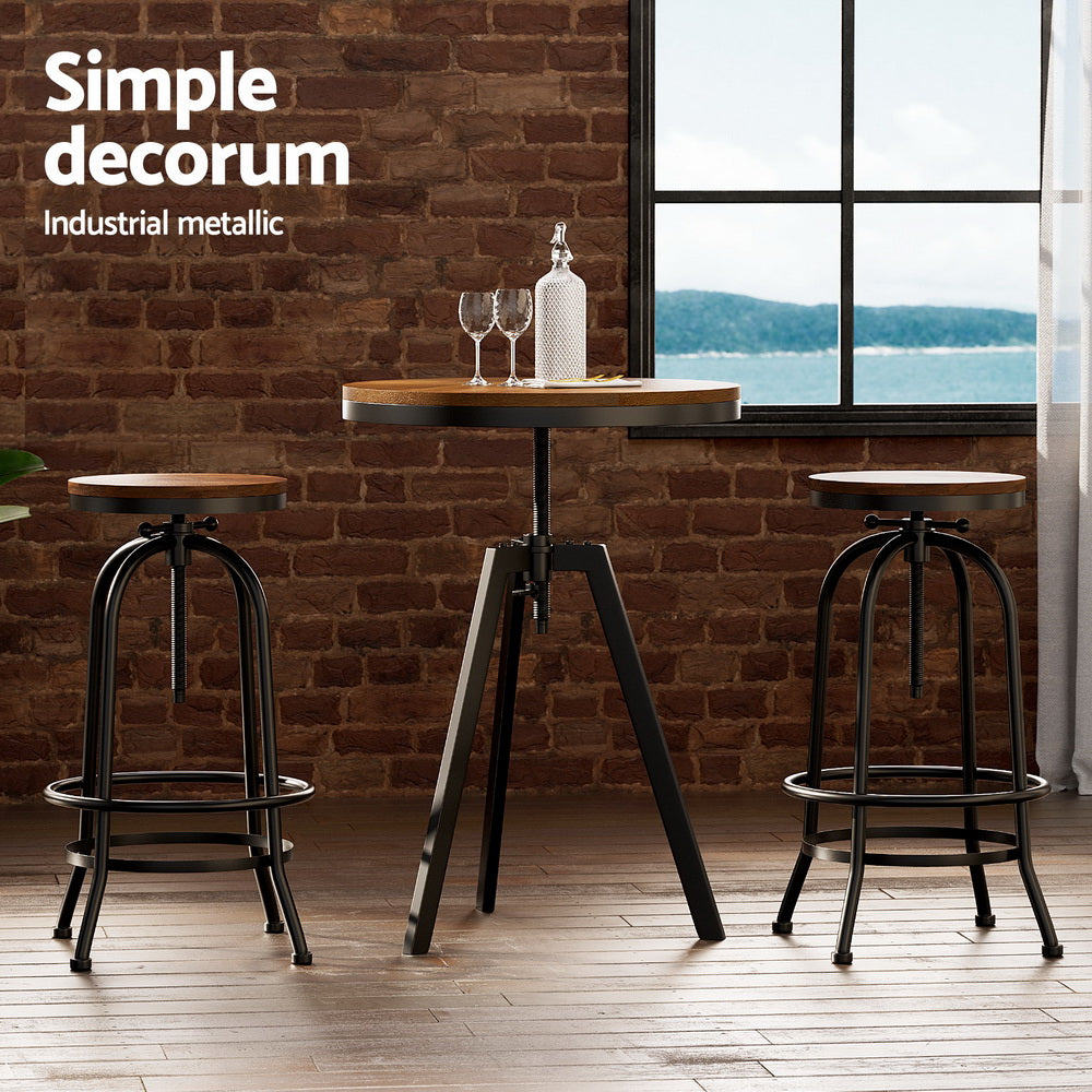 Industrial Bar Table and Stools Set Adjustable Swivel Elm Wood Black