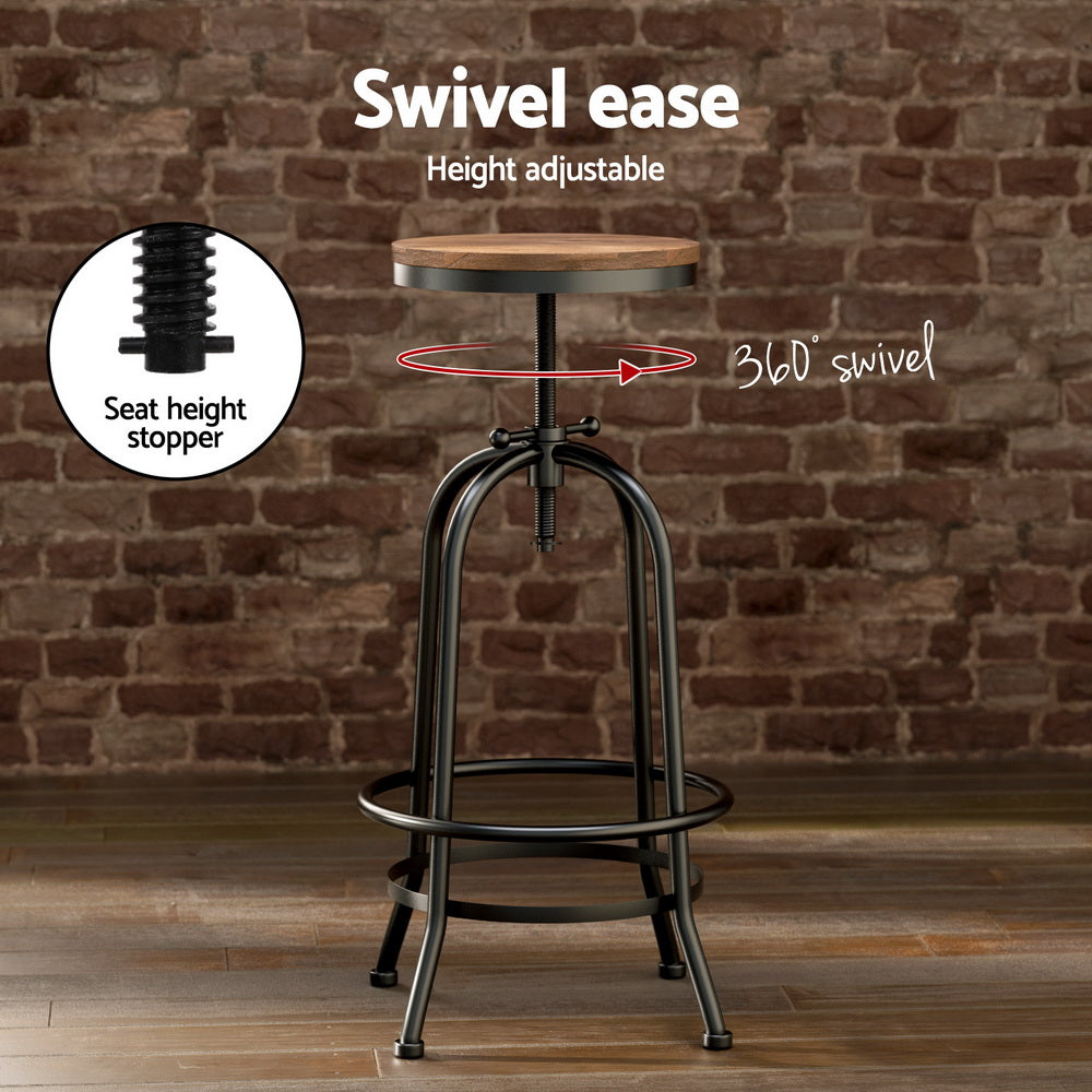 Industrial Bar Table and Stools Set Adjustable Swivel Elm Wood Black
