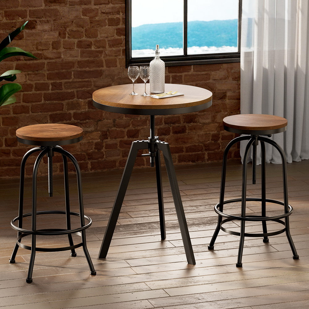 Industrial Bar Table and Stools Set Adjustable Swivel Elm Wood Black