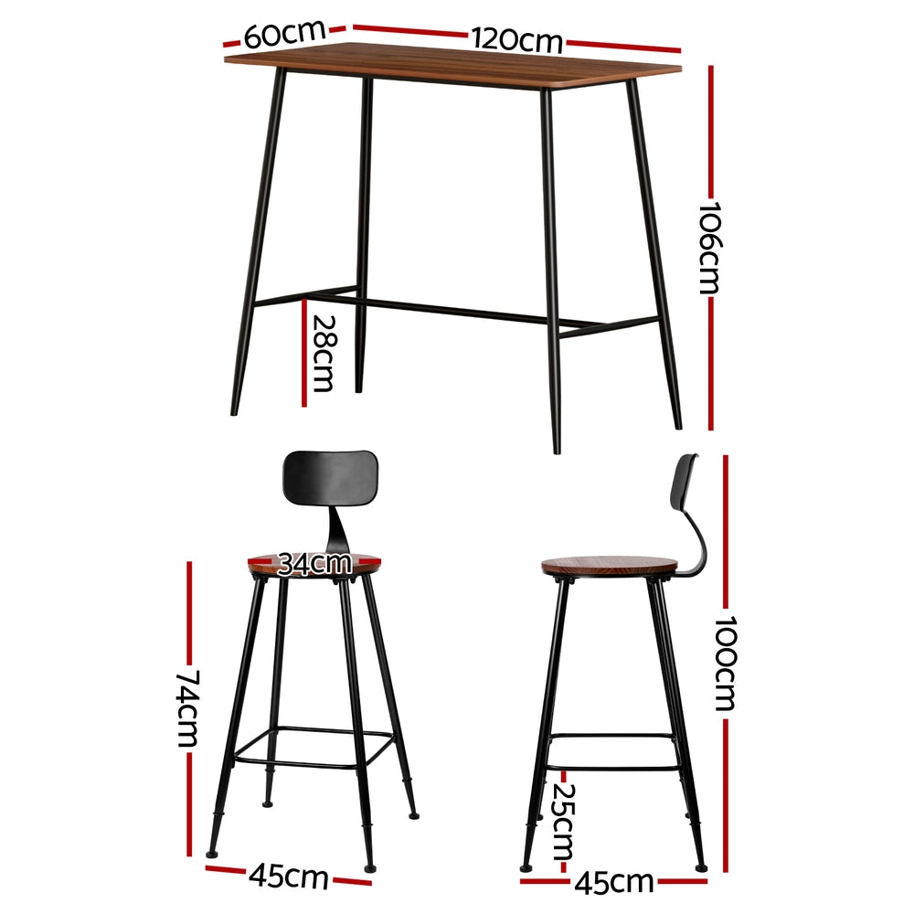 Artiss Oak Black Bar Table and Stools Set Industrial Style