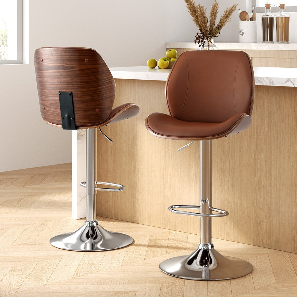 Bentwood Adjustable Bar Stools Set of 2 Brown Leather