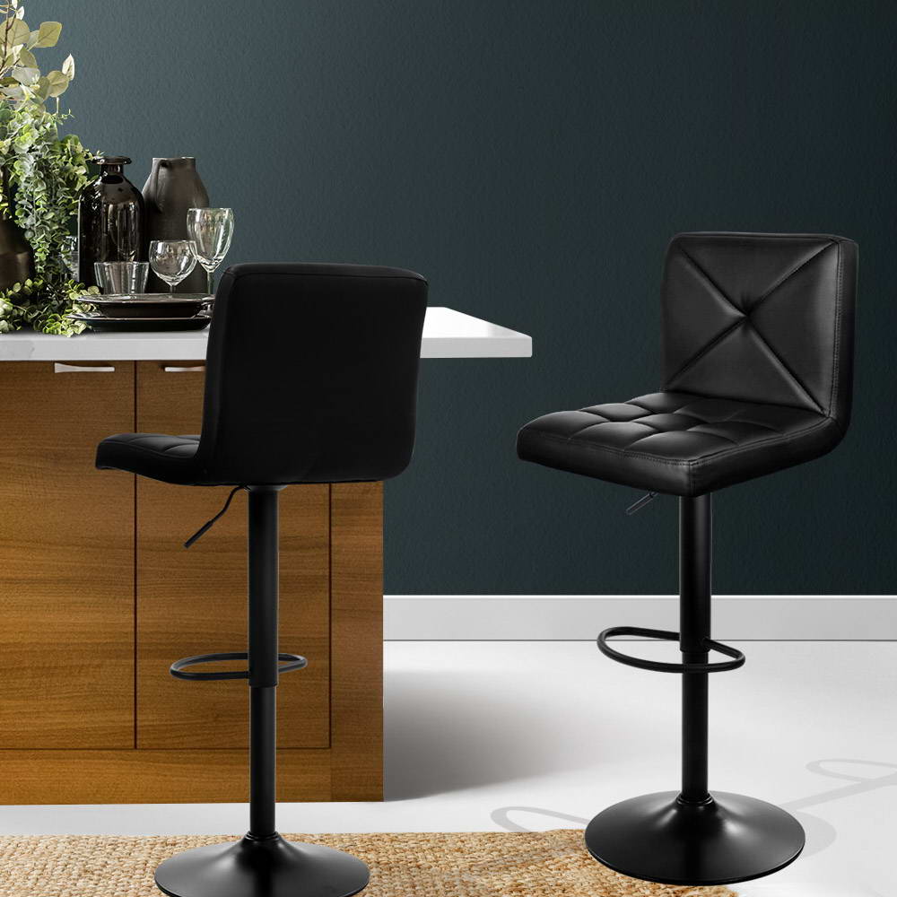 Artiss Set of 2 Gas Lift Bar Stools Kitchen Black PU Leather