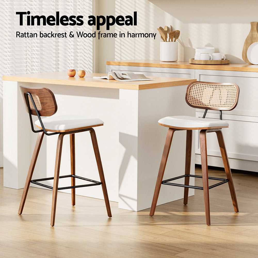 Artiss Set of 2 Bar Stools Rattan Backrest PU Leather Beige