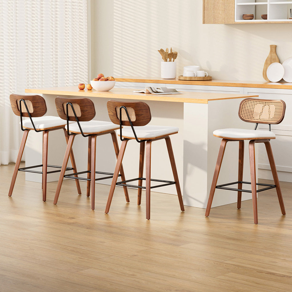 Artiss Set of 4 Bar Stools Rattan Backrest PU Leather Beige