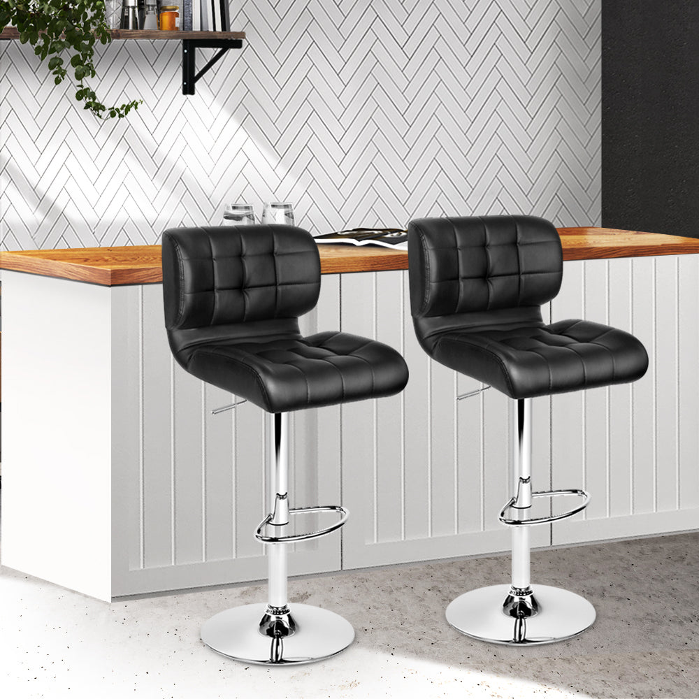 Promus Bar Stools 2x Gas Lift Leather Padded Black