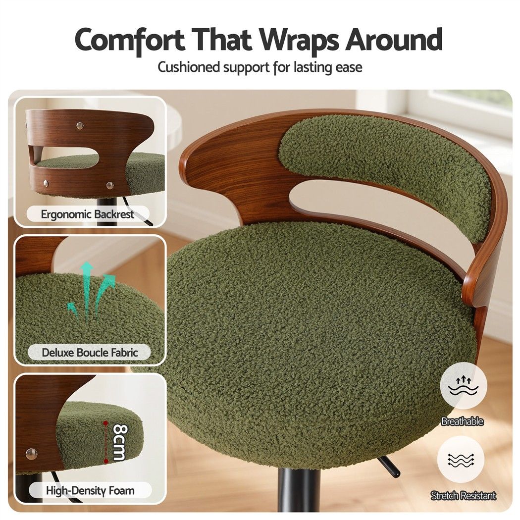 Artiss 2x Bar Stools Counter Chair Gas Lift Swivel Kitchen Bentwood Boucle Green