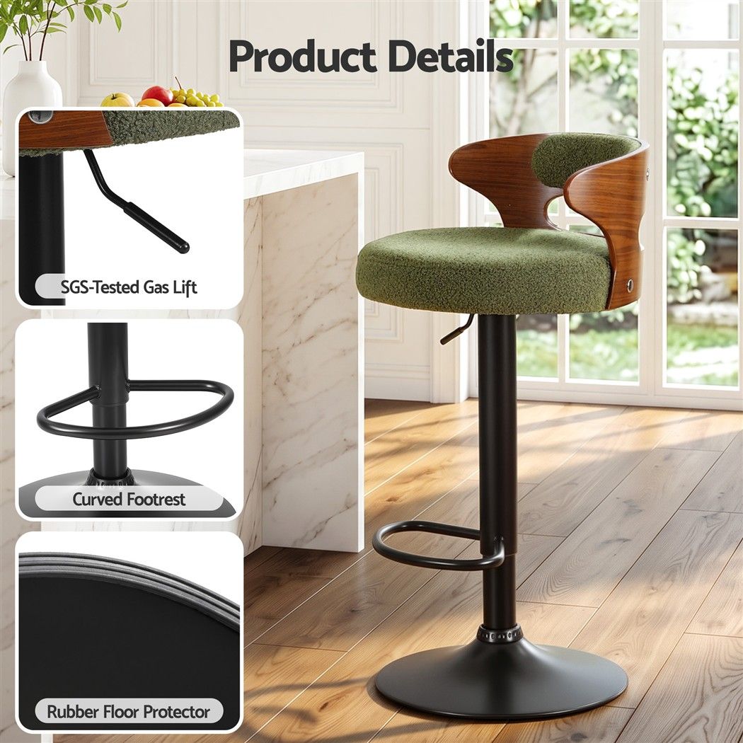 Artiss 2x Bar Stools Counter Chair Gas Lift Swivel Kitchen Bentwood Boucle Green
