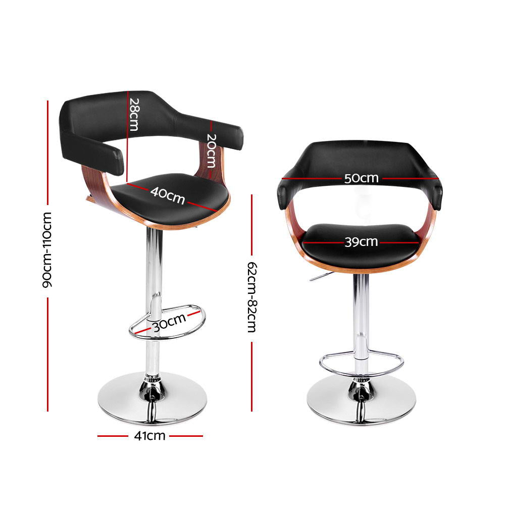 Selina Bar Stools Pair Gas Lift Leather Armrest Black