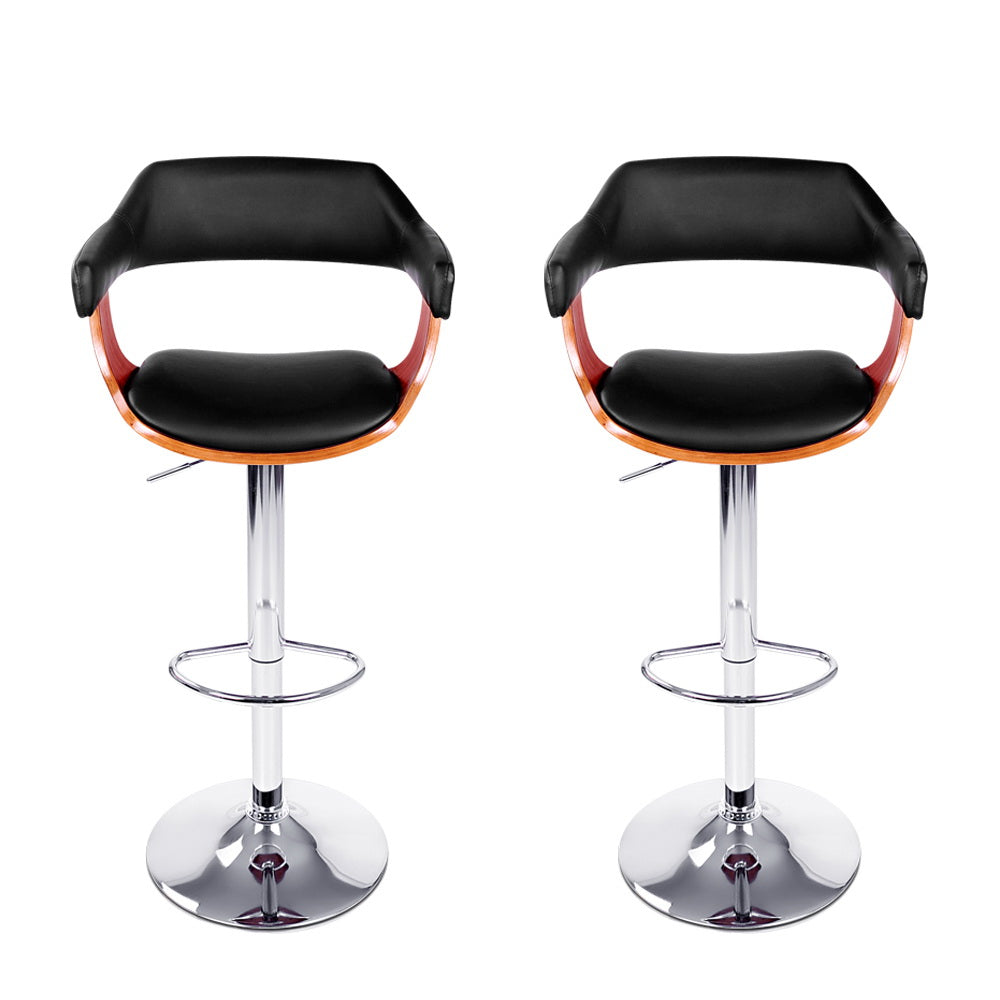 Selina Bar Stools Pair Gas Lift Leather Armrest Black