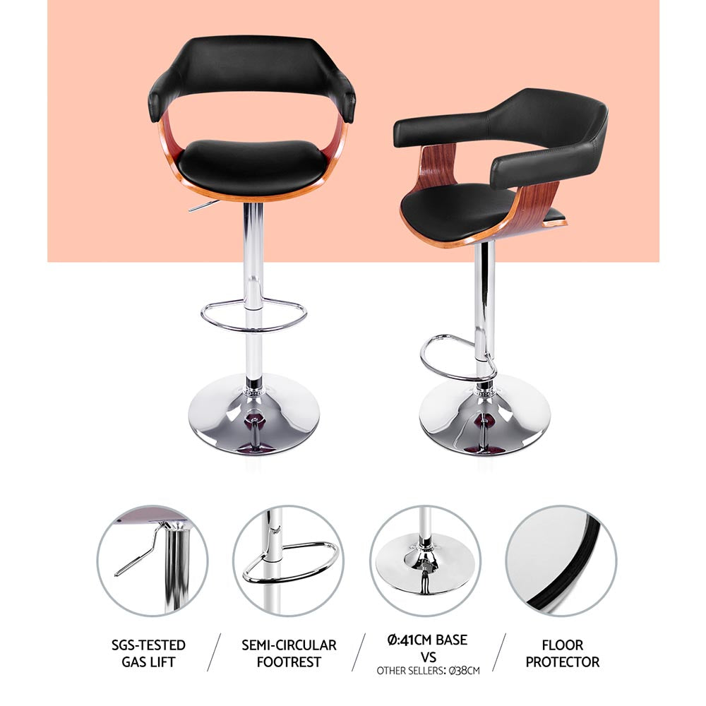 Selina Bar Stools Pair Gas Lift Leather Armrest Black