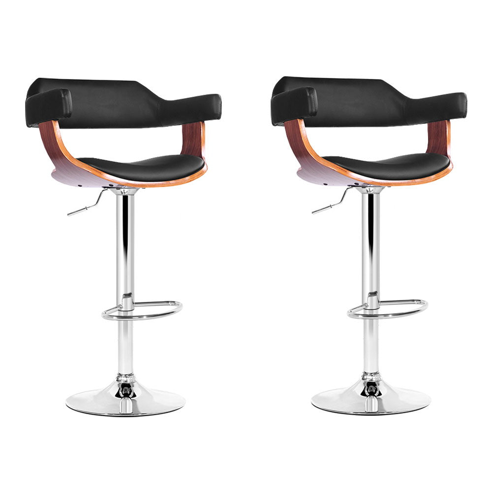 Selina Bar Stools Pair Gas Lift Leather Armrest Black