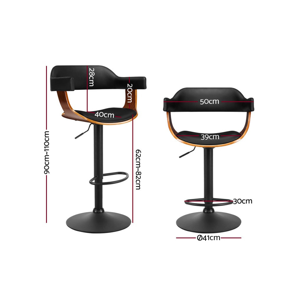 Selina Bar Stools Pair Gas Lift Leather Armrest Black