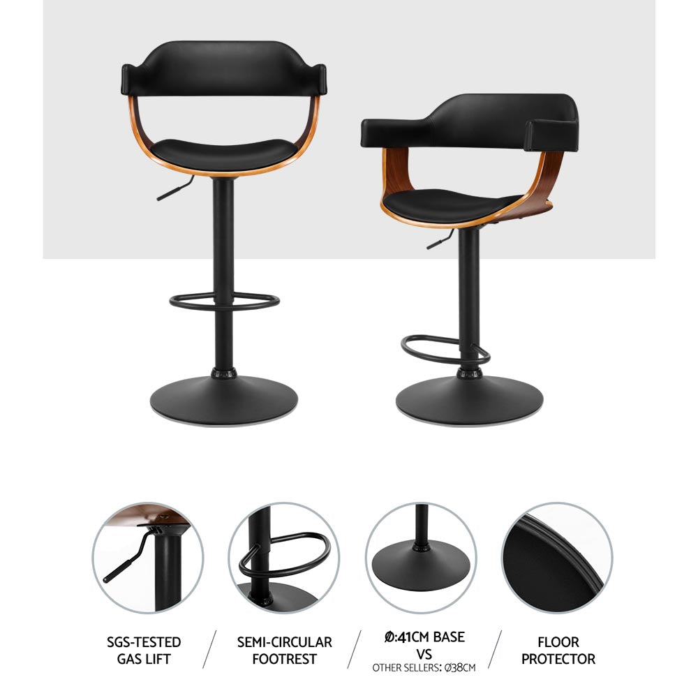 Selina Bar Stools Pair Gas Lift Leather Armrest Black