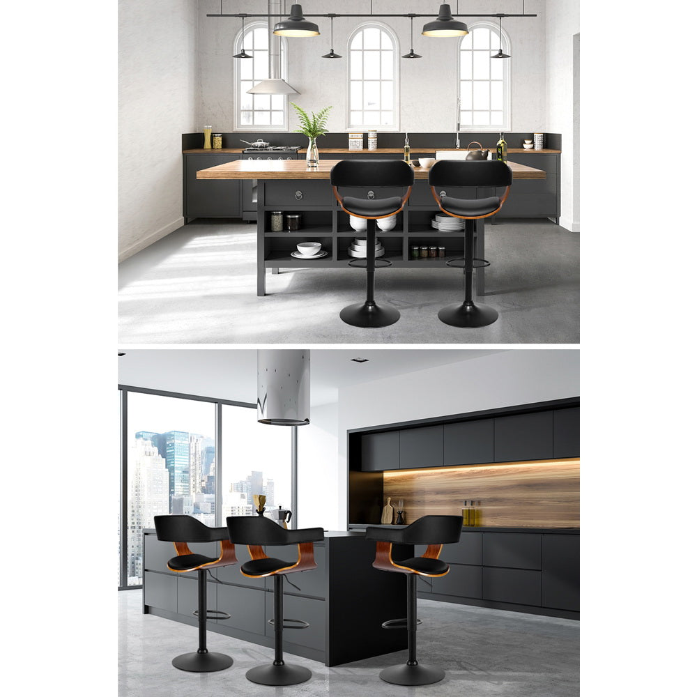 Selina Bar Stools Pair Gas Lift Leather Armrest Black