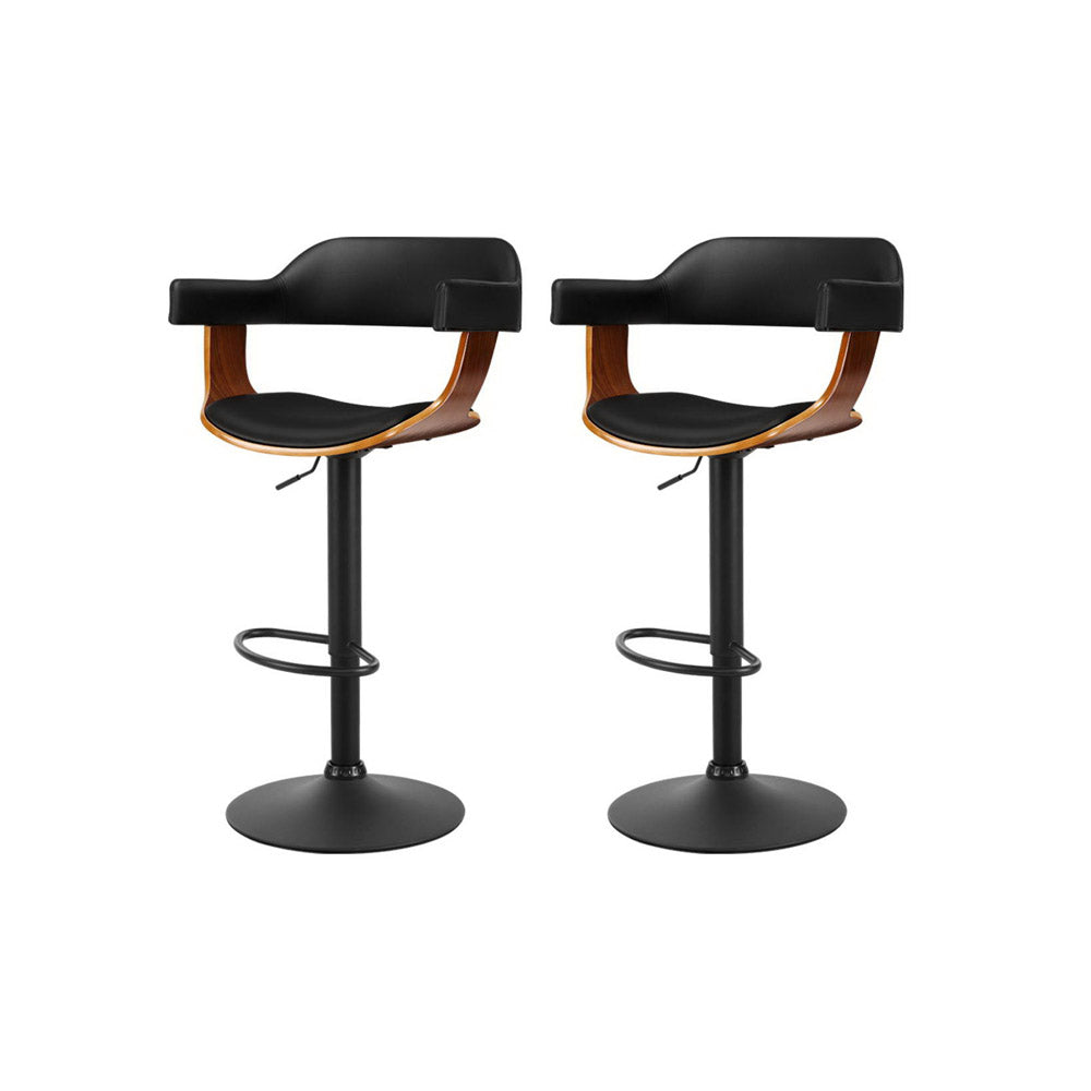 Selina Bar Stools Pair Gas Lift Leather Armrest Black