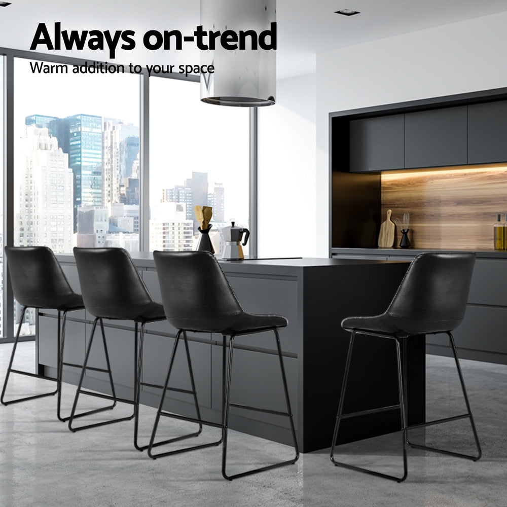 Fenella 4x Bar Stools Leather Padded Metal Legs Black