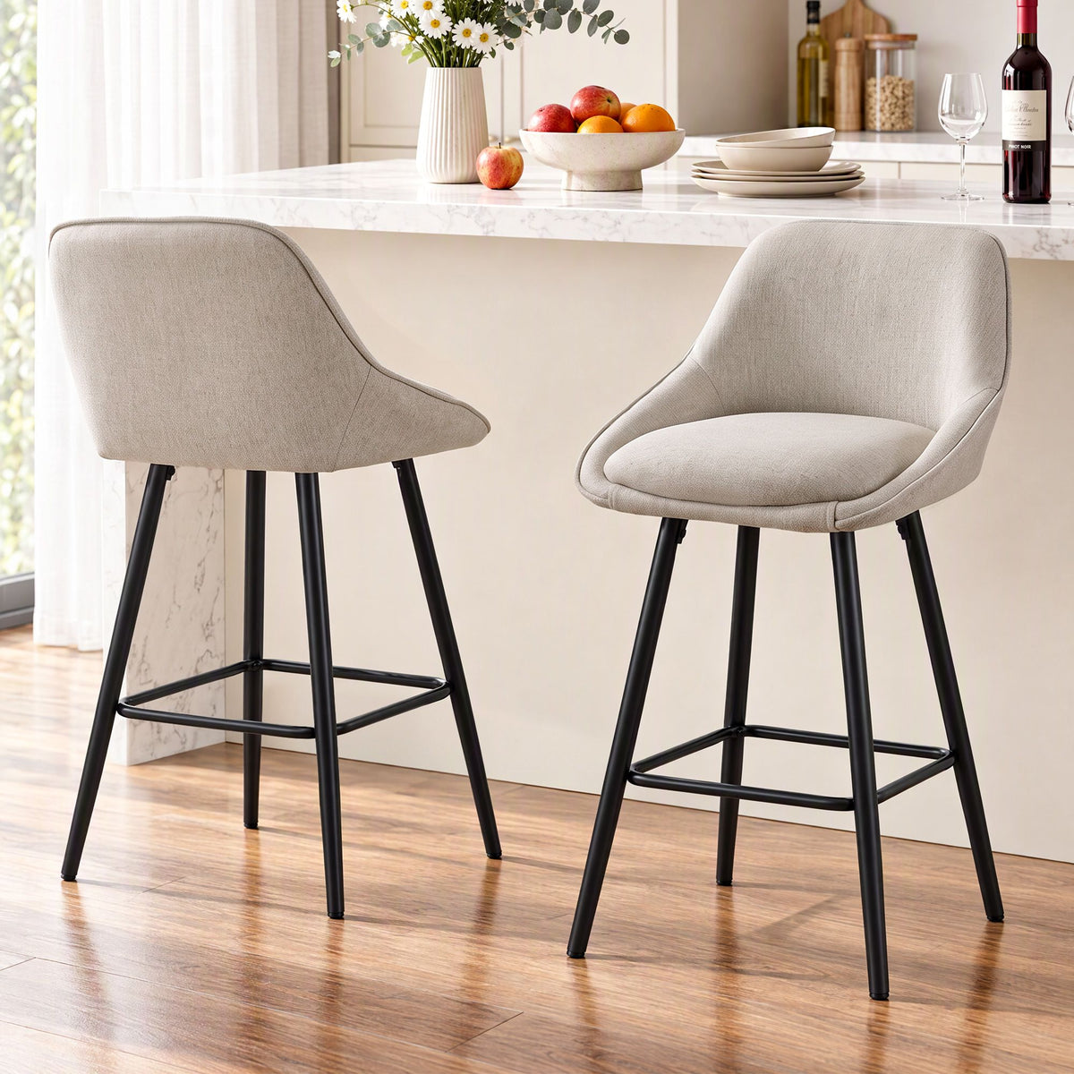 Artiss Bar Stools Set of 2 Linen Upholstered Counter Chairs with Back Padded Seat Beige