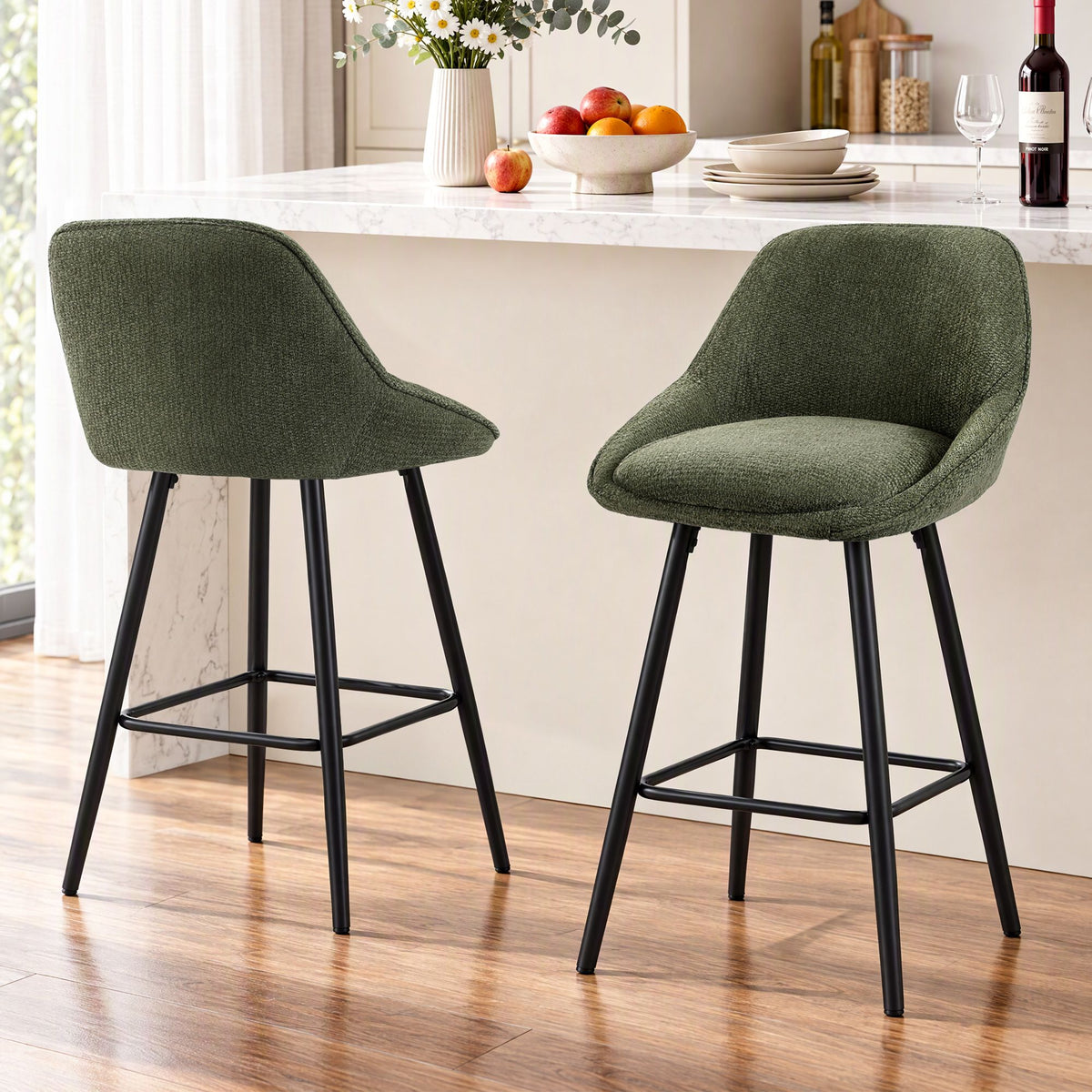 Artiss Bar Stools Set of 2 Linen Upholstered Counter Chairs with Back Padded Seat Green