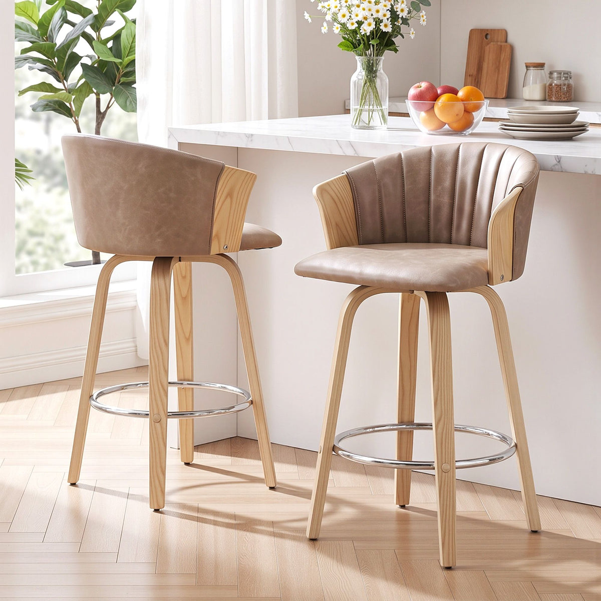 Artiss Wooden Bar Stools Set of 2 Swivel Kitchen Counter Stools Chair 66cm Khaki