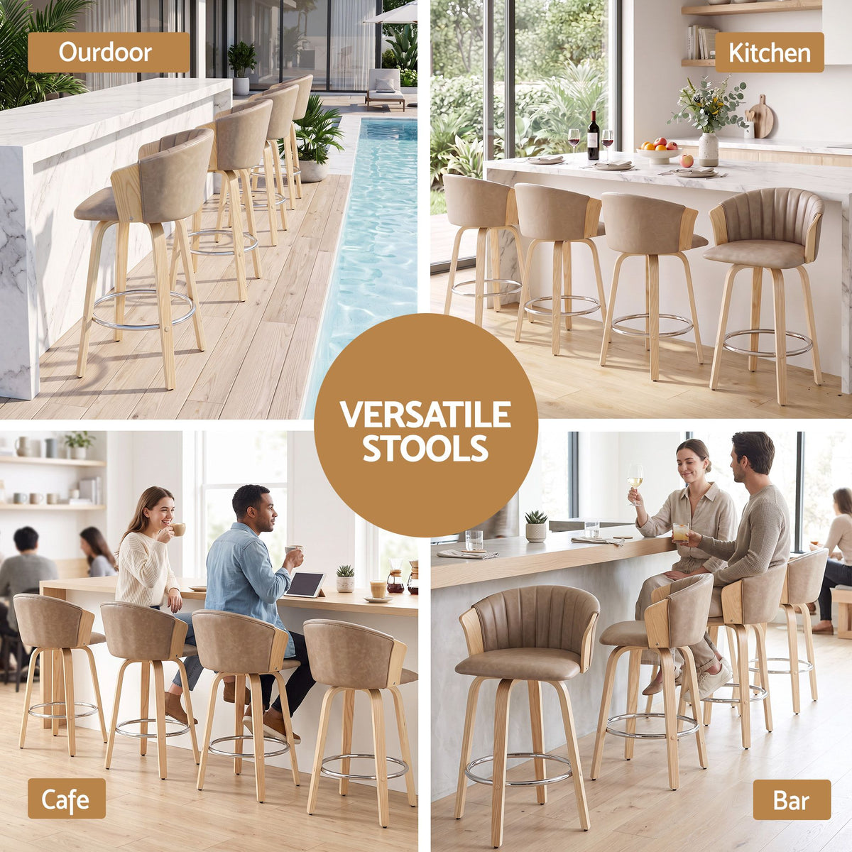 Artiss Wooden Bar Stools Set of 4 Swivel Kitchen Counter Stools Chair 66cm Khaki